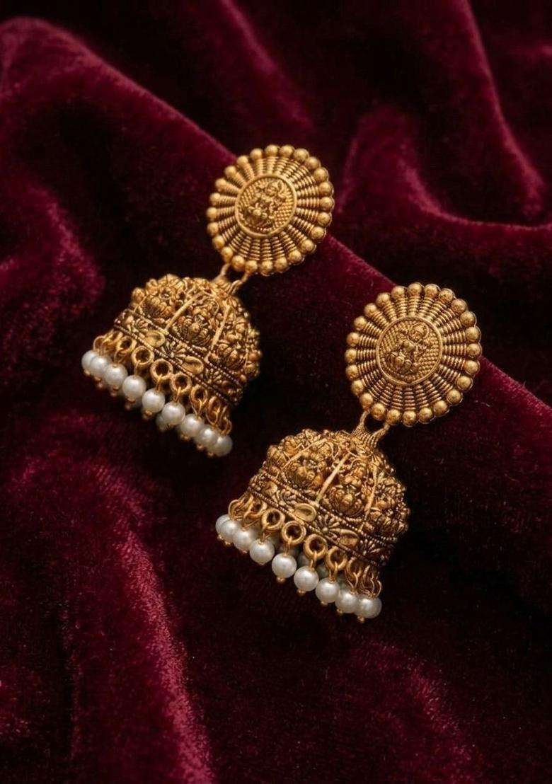 Gold-Plated Pearls Beaded Dome Shaped Temple Jhumkas for Women | Traditional Temple Jewellery for Wedding & Festive Wear | Gift for Her - Indya