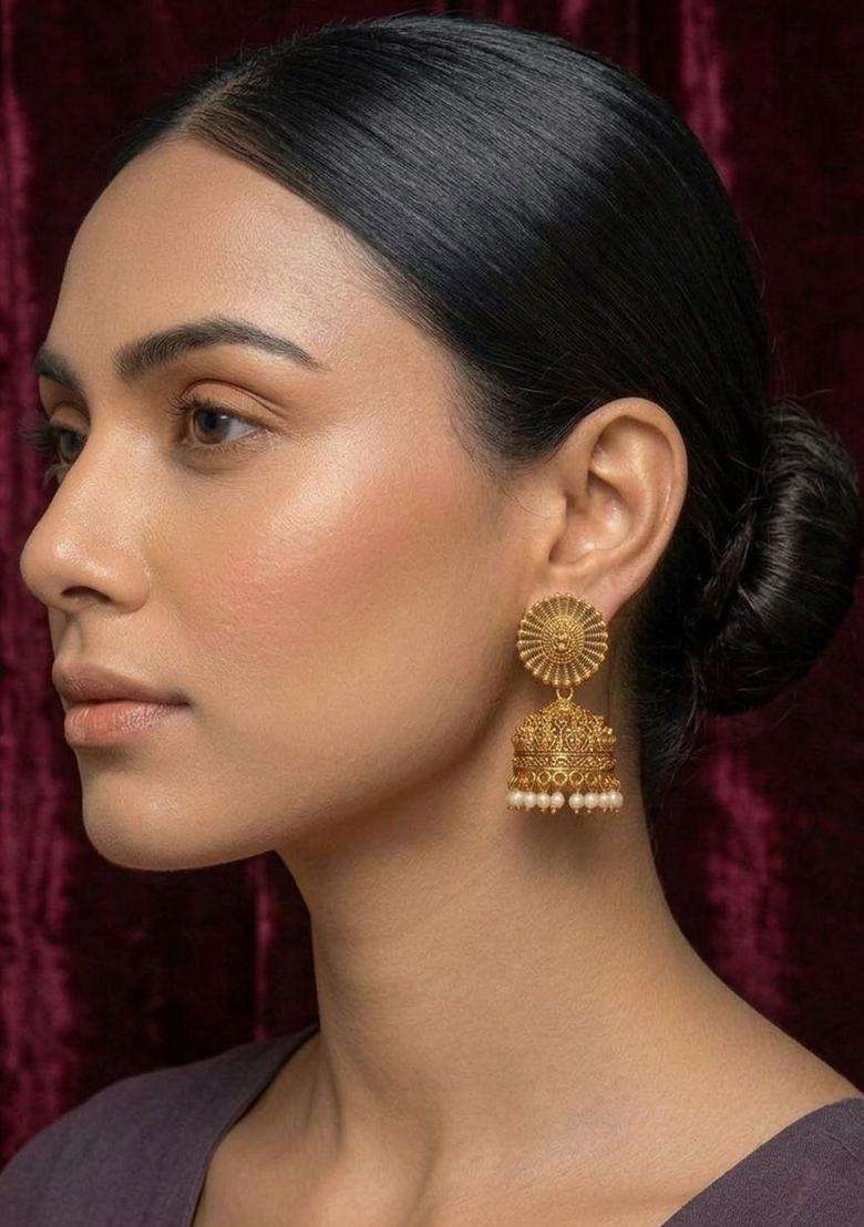 Gold-Plated Pearls Beaded Dome Shaped Temple Jhumkas for Women | Traditional Temple Jewellery for Wedding & Festive Wear | Gift for Her - Indya