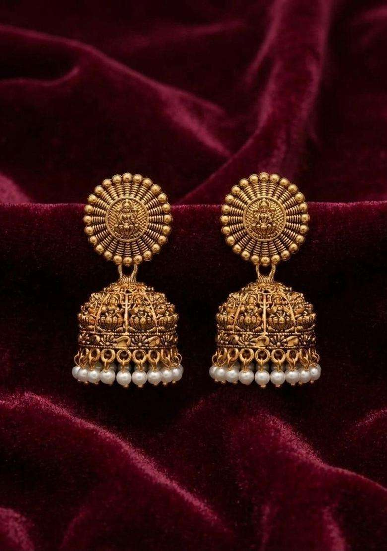 Gold-Plated Pearls Beaded Dome Shaped Temple Jhumkas for Women | Traditional Temple Jewellery for Wedding & Festive Wear | Gift for Her - Indya
