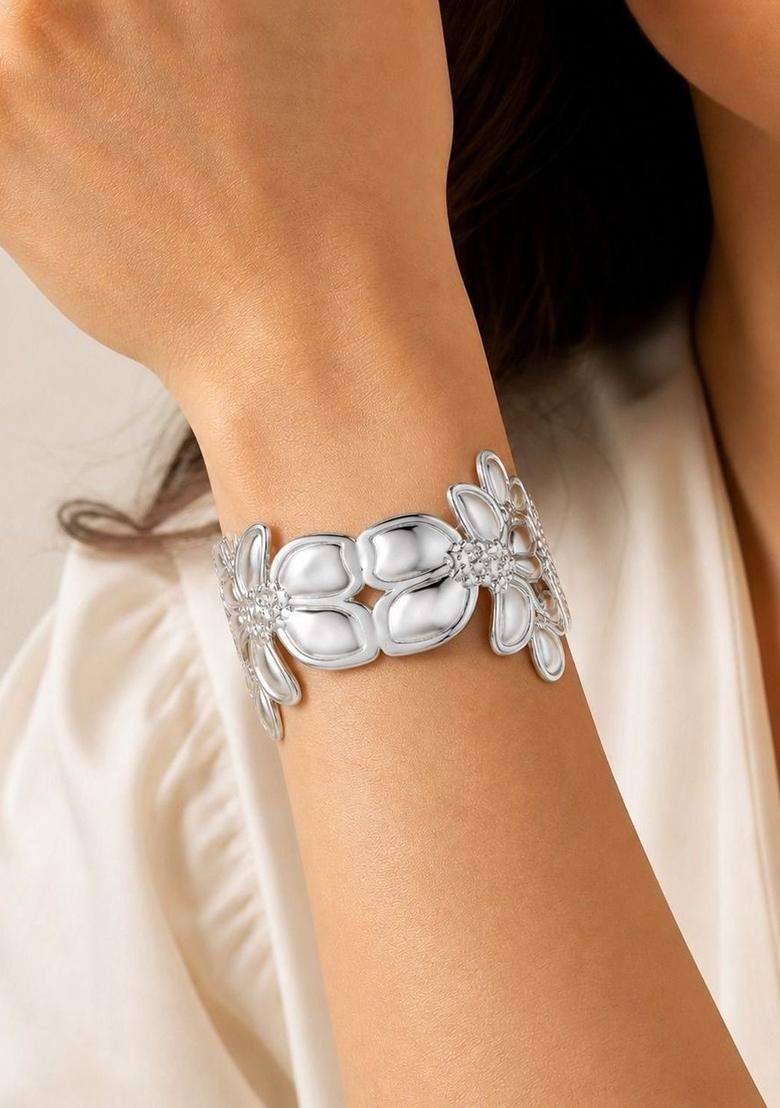 Temple Silver-Plated Cuff Bracelet for Women | Stylish Party & Everyday Wear | Gift for Her - Indya