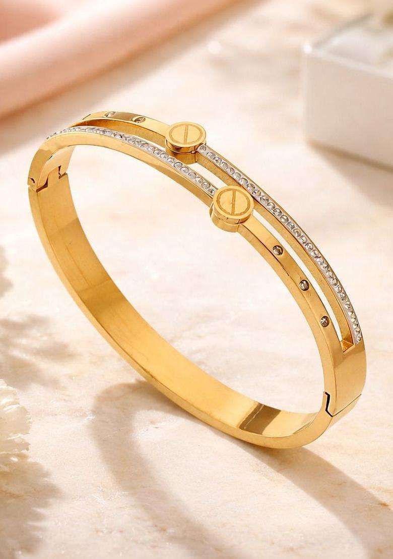 American Diamond Temple Gold-Plated Cuff Bracelet for Women | Stylish Party & Everyday Wear | Gift for Her - Indya
