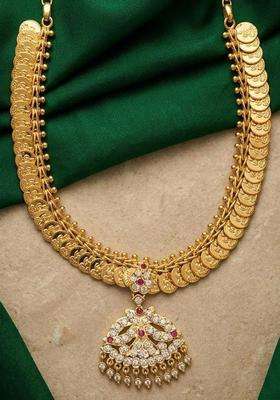 Gold-Plated Temple American Diamond Pendant and Earrings for Women | Traditional Temple Jewellery for Wedding & Festive Wear | Gift for Her