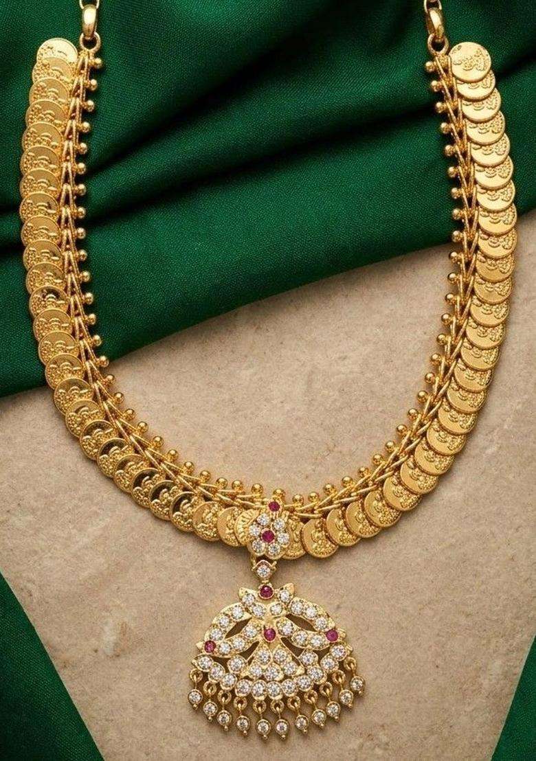 Gold-Plated Temple American Diamond Pendant and Earrings for Women | Traditional Temple Jewellery for Wedding & Festive Wear | Gift for Her - Indya