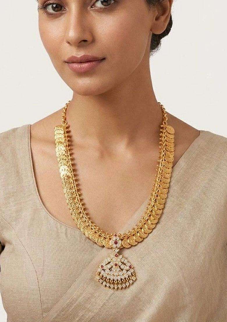 Gold-Plated Temple American Diamond Pendant and Earrings for Women | Traditional Temple Jewellery for Wedding & Festive Wear | Gift for Her - Indya