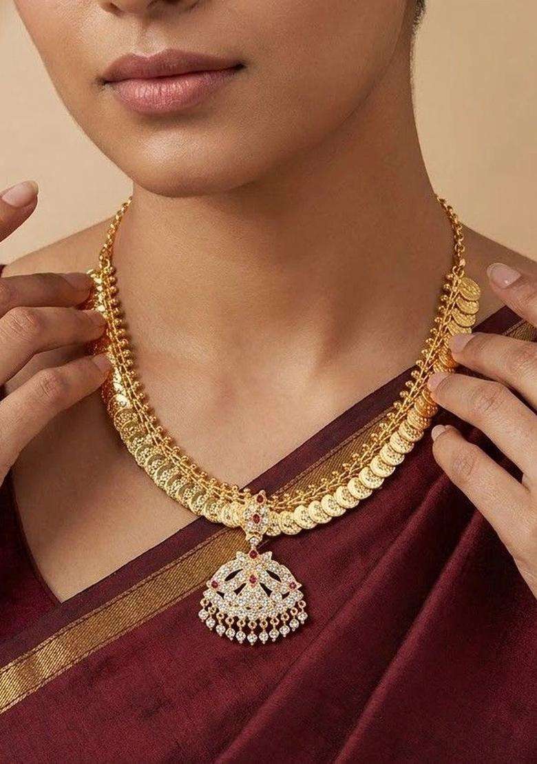 Gold-Plated Temple American Diamond Pendant and Earrings for Women | Traditional Temple Jewellery for Wedding & Festive Wear | Gift for Her - Indya