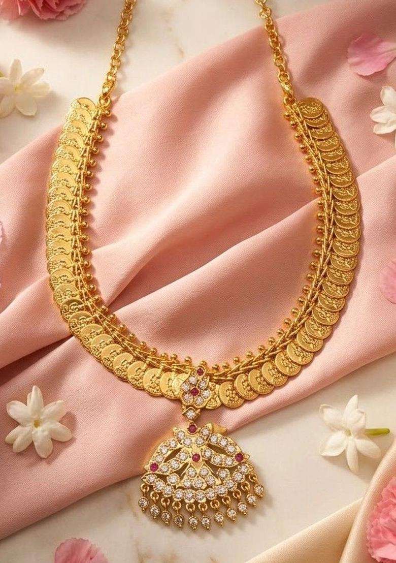 Gold-Plated Temple American Diamond Pendant and Earrings for Women | Traditional Temple Jewellery for Wedding & Festive Wear | Gift for Her - Indya