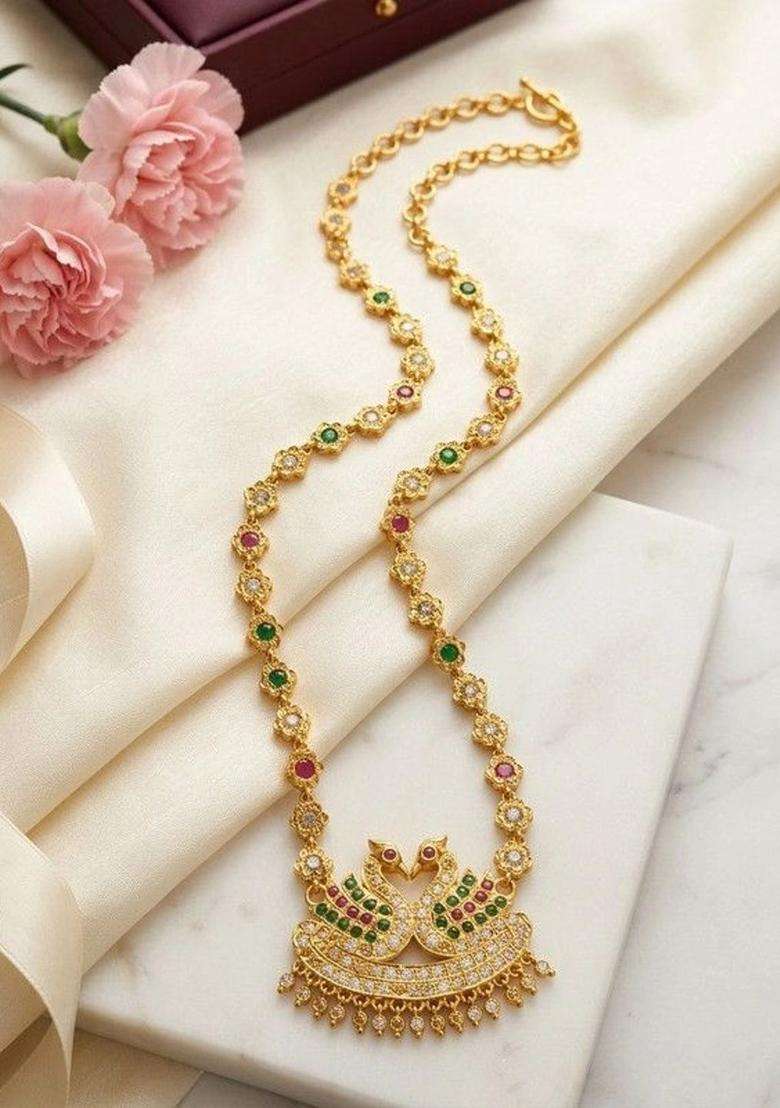 Gold-Plated Temple American Diamond Pendant and Earrings for Women | Traditional Temple Jewellery for Wedding & Festive Wear | Gift for Her - Indya