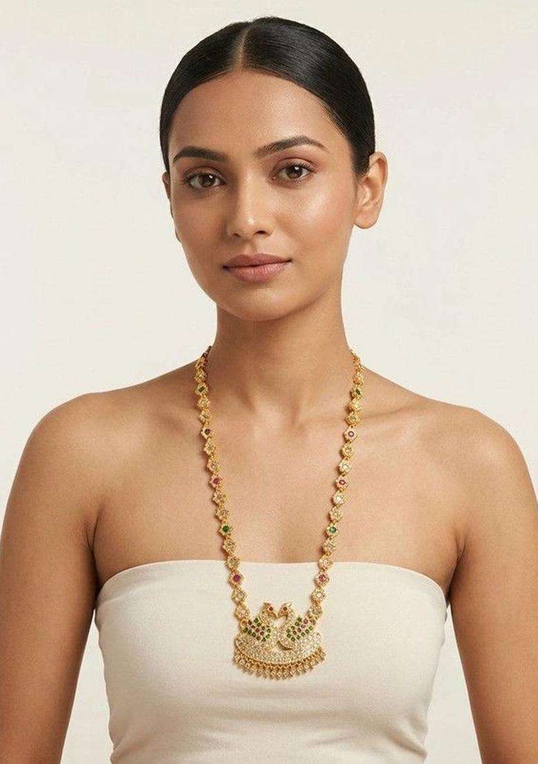 Gold-Plated Temple American Diamond Pendant and Earrings for Women | Traditional Temple Jewellery for Wedding & Festive Wear | Gift for Her - Indya
