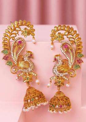 Gold-Plated Peacock Shaped Ear Cuff Earrings with American Diamond for Women | Traditional Temple Jewellery for Wedding & Festive Wear | Gift for Her