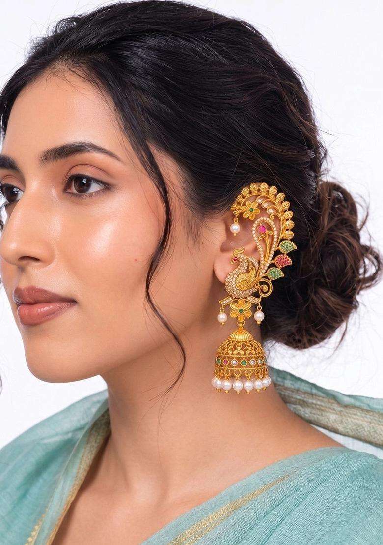 Gold-Plated Peacock Shaped Ear Cuff Earrings with American Diamond for Women | Traditional Temple Jewellery for Wedding & Festive Wear | Gift for Her - Indya