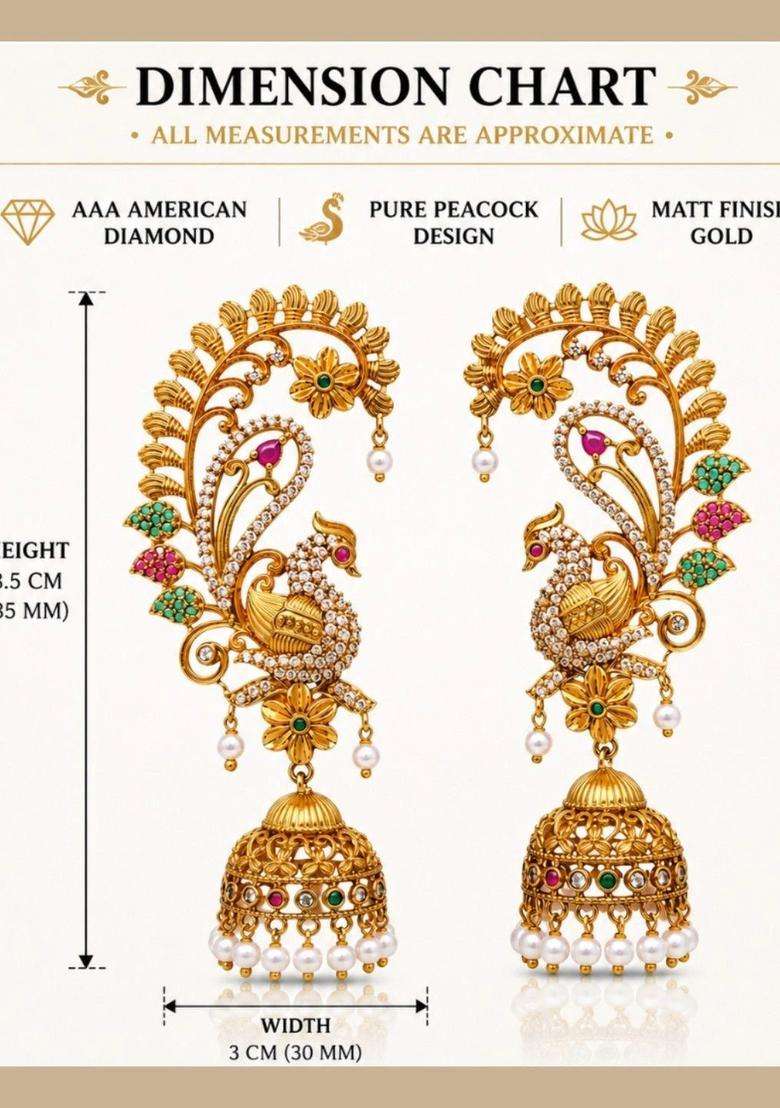 Gold-Plated Peacock Shaped Ear Cuff Earrings with American Diamond for Women | Traditional Temple Jewellery for Wedding & Festive Wear | Gift for Her - Indya