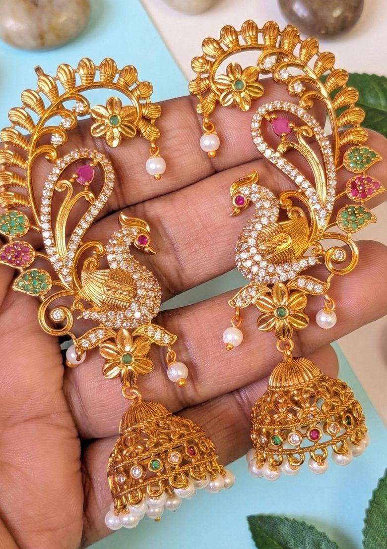 Gold-Plated Peacock Shaped Ear Cuff Earrings with American Diamond for Women | Traditional Temple Jewellery for Wedding & Festive Wear | Gift for Her - Indya