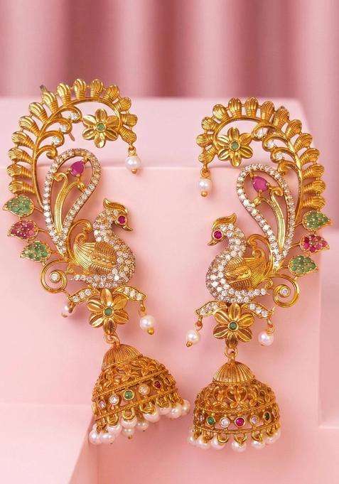 Gold-Plated Peacock Shaped Ear Cuff Earrings with American Diamond for Women | Traditional Temple Jewellery for Wedding & Festive Wear | Gift for Her