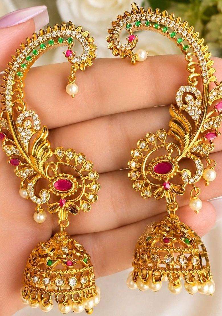 Gold-Plated Paisley Shaped Ear Cuff Earrings for Women | Traditional Temple Jewellery for Wedding & Festive Wear | Gift for Her - Indya