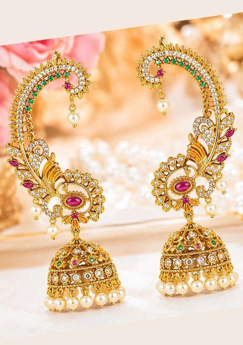 Gold-Plated Paisley Shaped Ear Cuff Earrings for Women | Traditional Temple Jewellery for Wedding & Festive Wear | Gift for Her - Indya