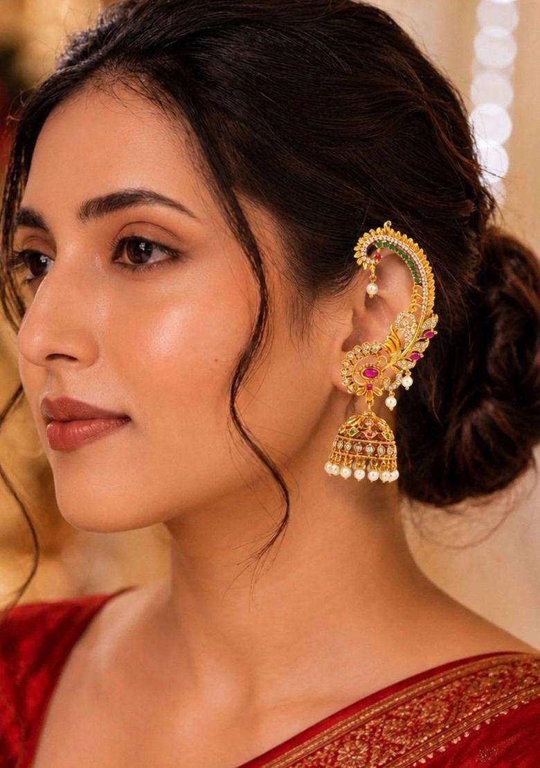 Gold-Plated Peacock Shaped Jhumkas Earrings with American Diamond for Women | Traditional Temple Jewellery for Wedding & Festive Wear | Gift for Her - Indya