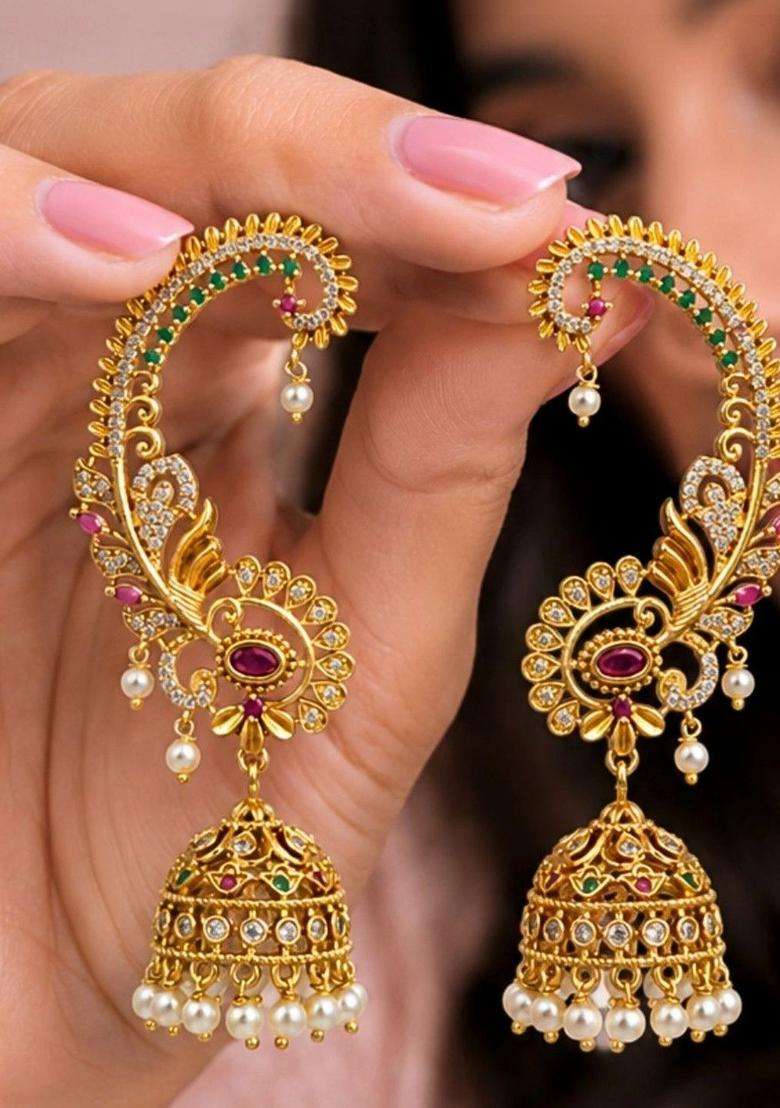 Gold-Plated Peacock Shaped Jhumkas Earrings with American Diamond for Women | Traditional Temple Jewellery for Wedding & Festive Wear | Gift for Her - Indya