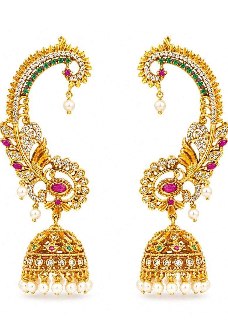 Gold-Plated Peacock Shaped Jhumkas Earrings with American Diamond for Women | Traditional Temple Jewellery for Wedding & Festive Wear | Gift for Her - Indya