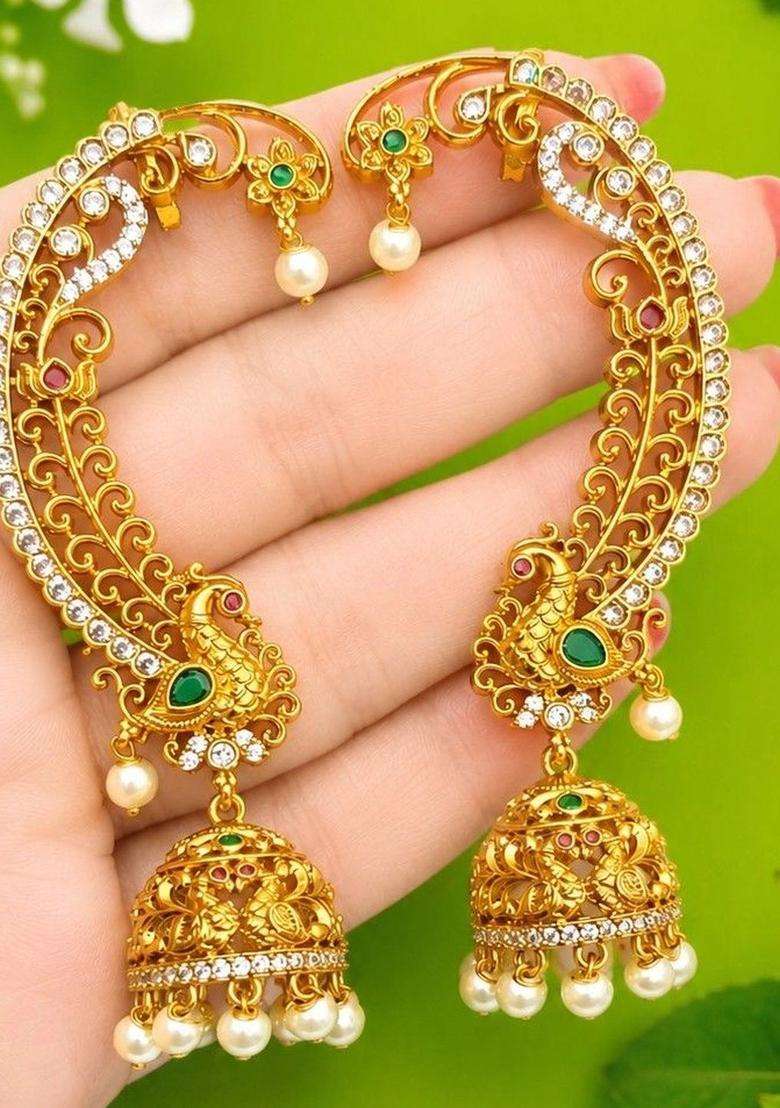 Gold-Plated Peacock Shaped Ear Cuff Earrings for Women | Traditional Temple Jewellery for Wedding & Festive Wear | Gift for Her - Indya