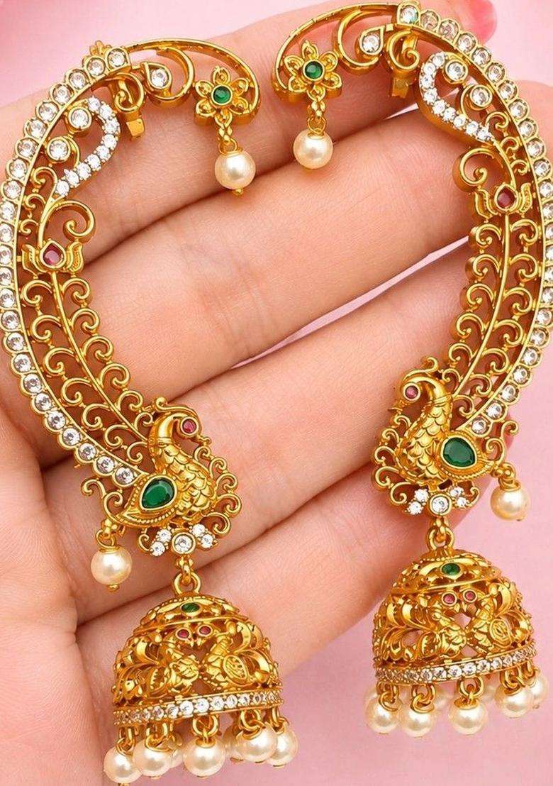 Gold-Plated Peacock Shaped Ear Cuff Earrings for Women | Traditional Temple Jewellery for Wedding & Festive Wear | Gift for Her - Indya