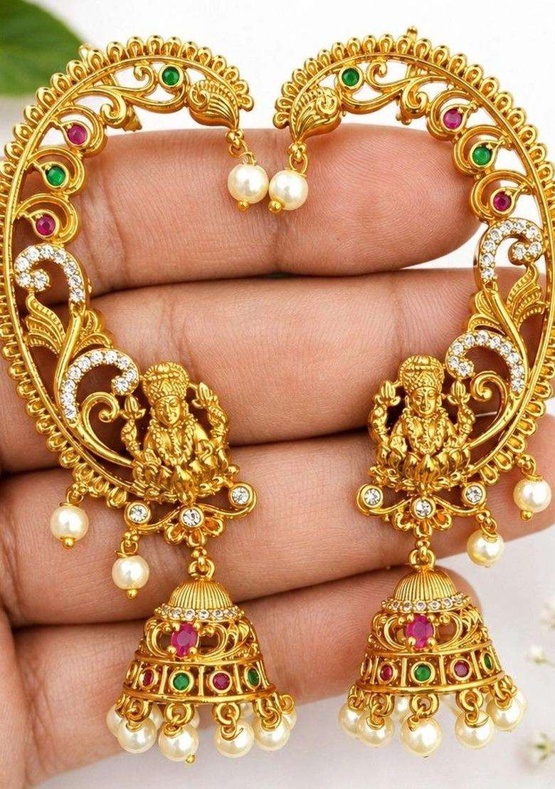 Gold-Plated Crescent Shaped Ear Cuff Earrings for Women | Traditional Temple Jewellery for Wedding & Festive Wear | Gift for Her - Indya