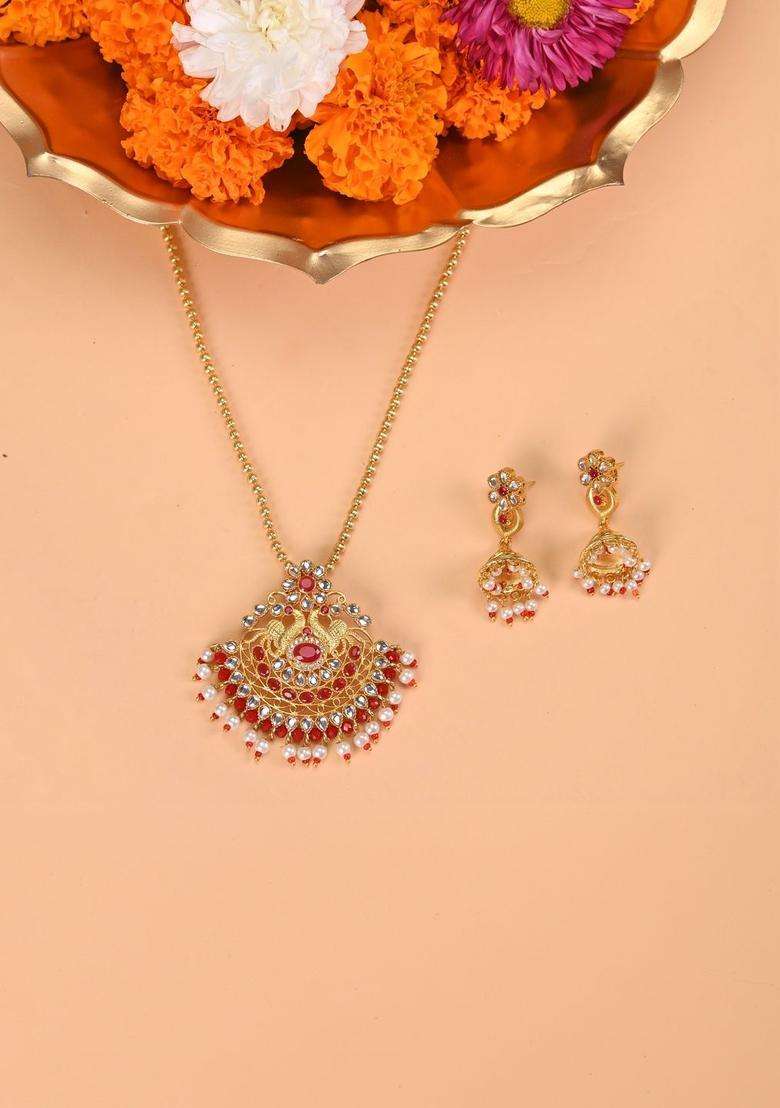 Gold-Plated Kundan Studded Jewellery Set for Women | Traditional Temple Jewellery for Wedding & Festive Wear | Gift for Her - Indya