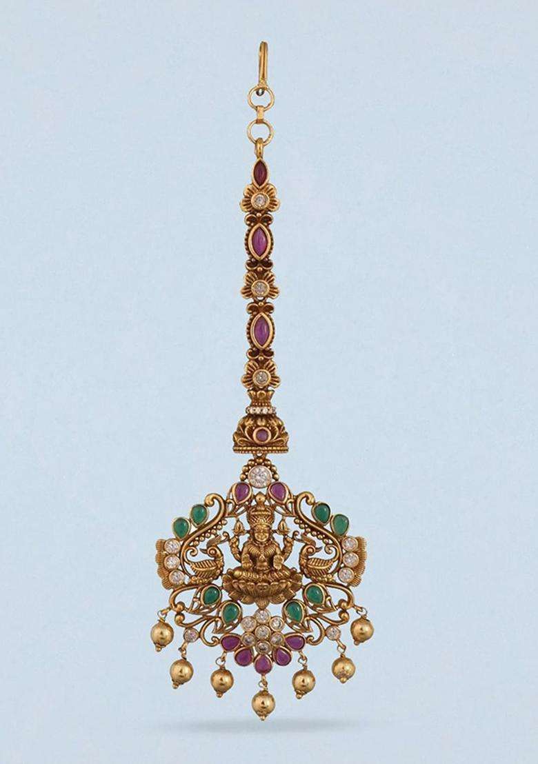 Gold-Plated Stone-Studded & Beaded Maang Tikka for Women | Traditional Temple Jewellery for Wedding & Festive Wear | Gift for Her - Indya