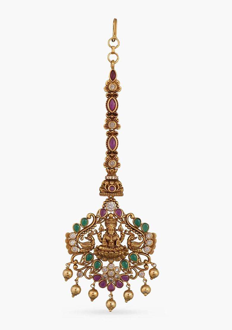 Gold-Plated Stone-Studded & Beaded Maang Tikka for Women | Traditional Temple Jewellery for Wedding & Festive Wear | Gift for Her - Indya