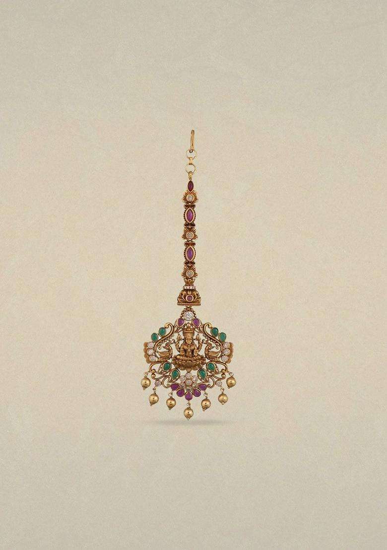 Gold-Plated Stone-Studded & Beaded Maang Tikka for Women | Traditional Temple Jewellery for Wedding & Festive Wear | Gift for Her - Indya