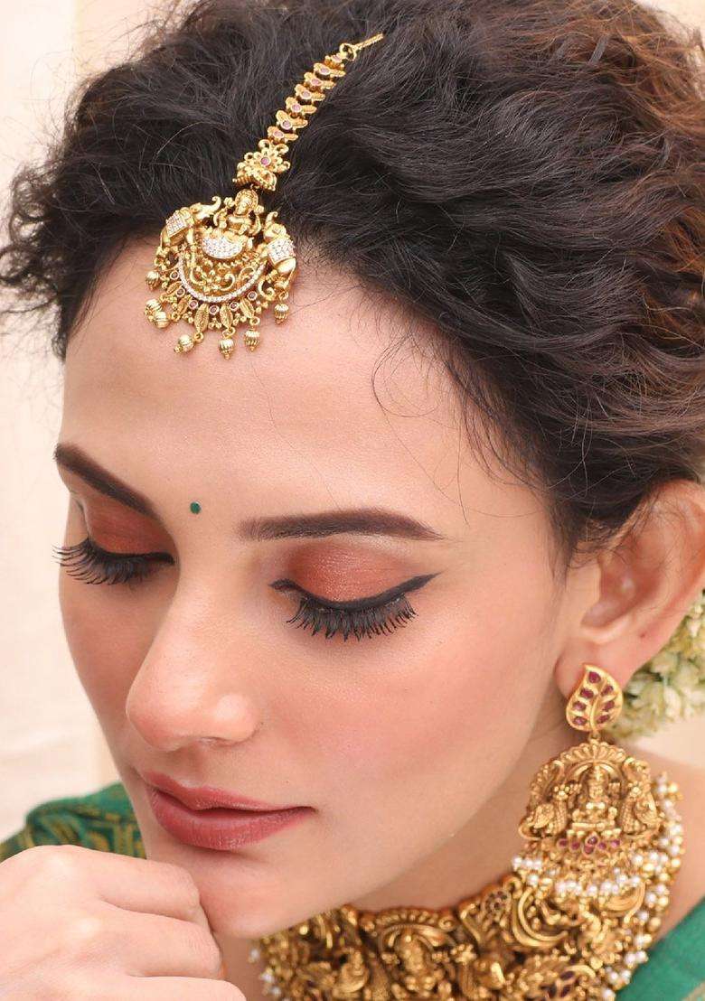 Gold-Plated Stones-Studded & Beaded Maang Tikka for Women | Traditional Temple Jewellery for Wedding & Festive Wear | Gift for Her - Indya