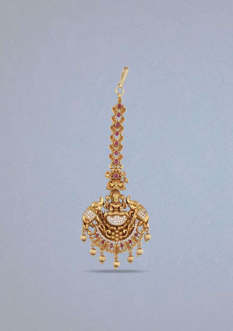 Gold-Plated Stones-Studded & Beaded Maang Tikka for Women | Traditional Temple Jewellery for Wedding & Festive Wear | Gift for Her - Indya