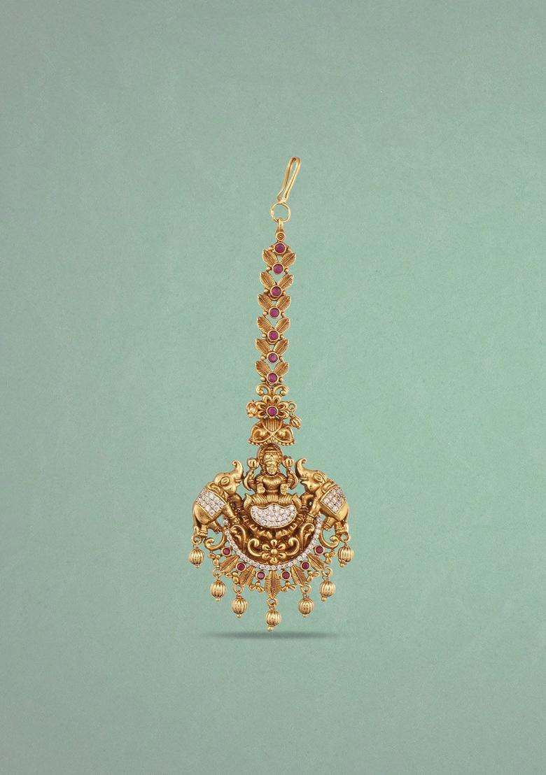 Gold-Plated Stones-Studded & Beaded Maang Tikka for Women | Traditional Temple Jewellery for Wedding & Festive Wear | Gift for Her - Indya