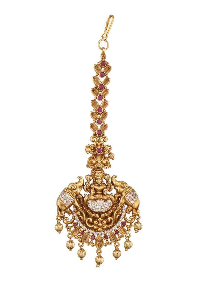 Gold-Plated Stones-Studded & Beaded Maang Tikka for Women | Traditional Temple Jewellery for Wedding & Festive Wear | Gift for Her - Indya