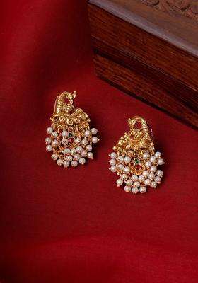 White Gold-Plated Stone Studded Temple Contemporary Studs Earrings for Women | Traditional Temple Jewellery for Wedding & Festive Wear | Gift for Her
