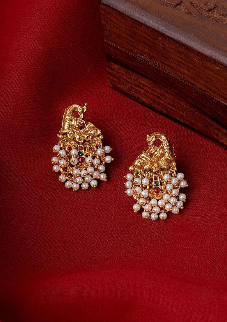 White Gold-Plated Stone Studded Temple Contemporary Studs Earrings for Women | Traditional Temple Jewellery for Wedding & Festive Wear | Gift for Her - Indya