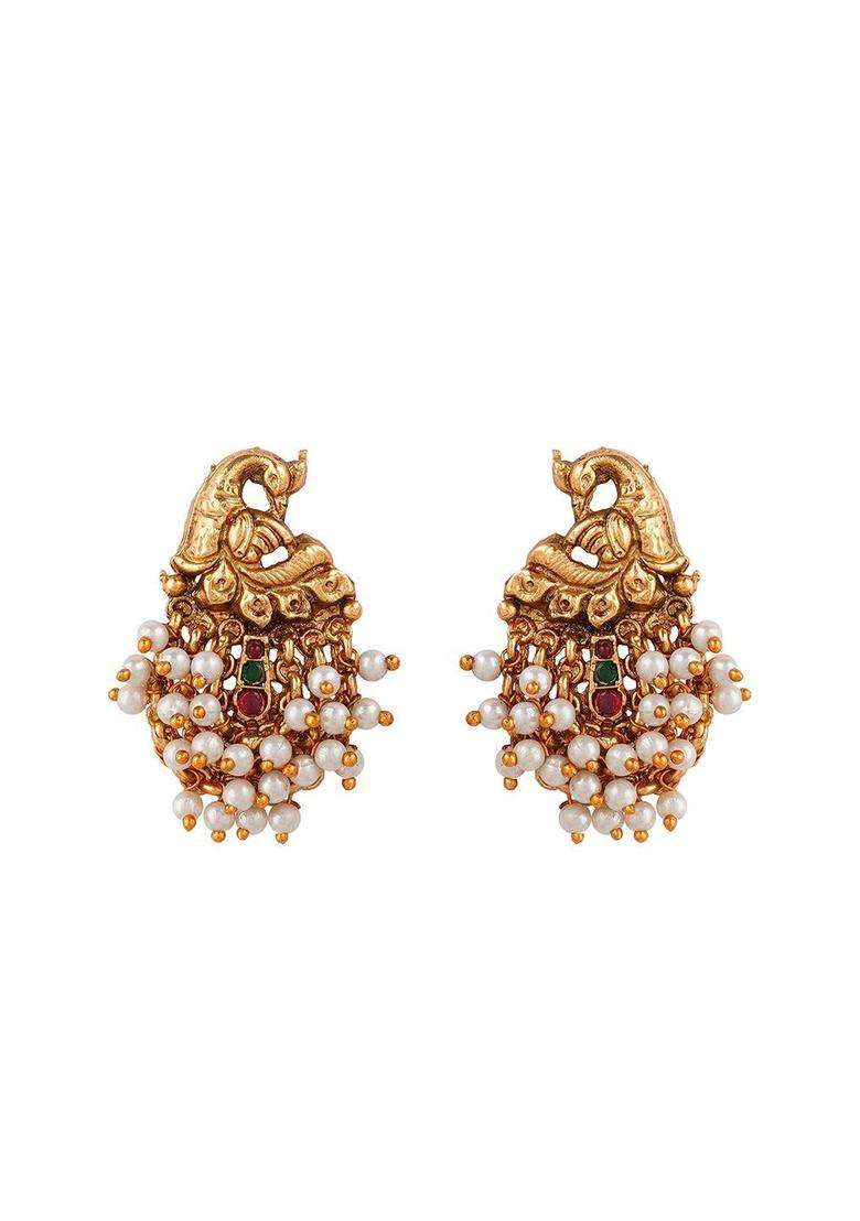 White Gold-Plated Stone Studded Temple Contemporary Studs Earrings for Women | Traditional Temple Jewellery for Wedding & Festive Wear | Gift for Her - Indya