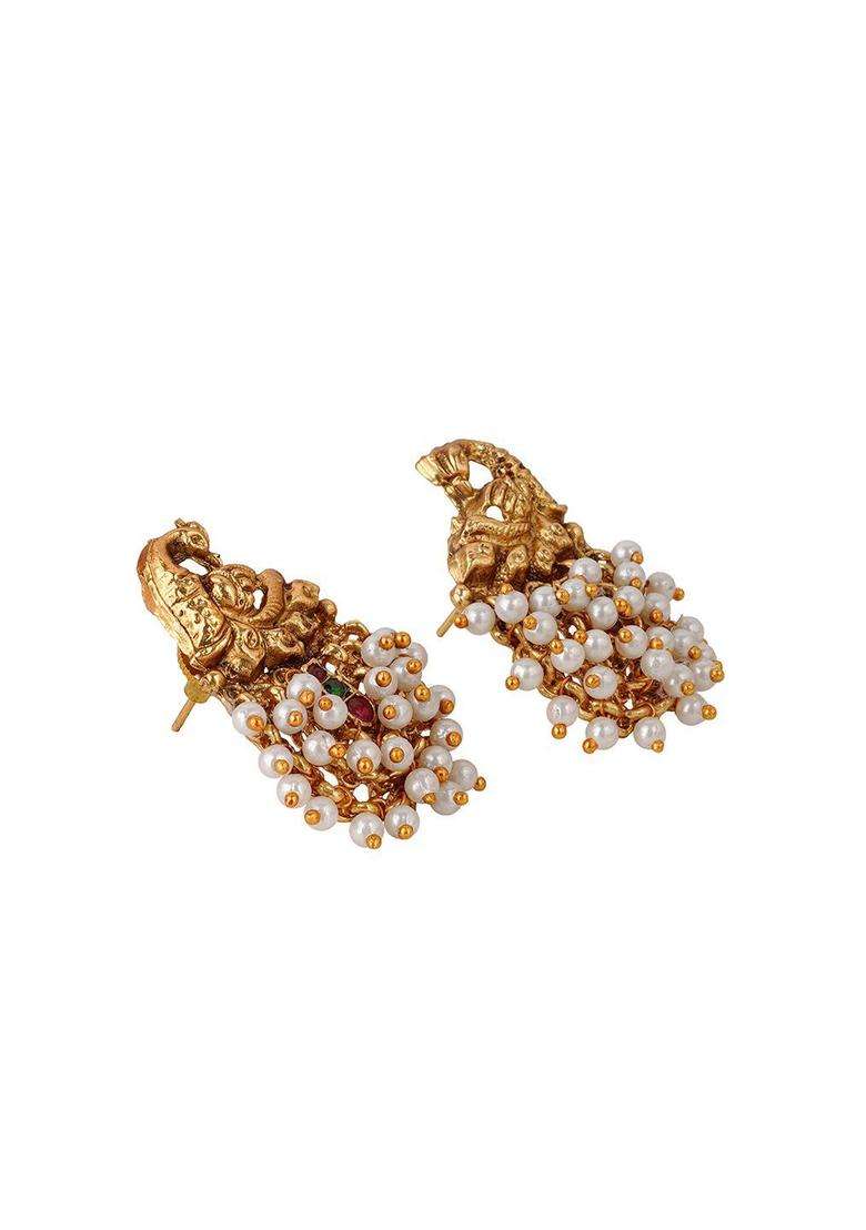 White Gold-Plated Stone Studded Temple Contemporary Studs Earrings for Women | Traditional Temple Jewellery for Wedding & Festive Wear | Gift for Her - Indya