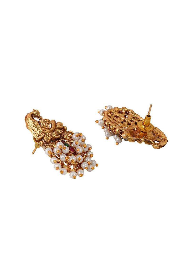White Gold-Plated Stone Studded Temple Contemporary Studs Earrings for Women | Traditional Temple Jewellery for Wedding & Festive Wear | Gift for Her - Indya