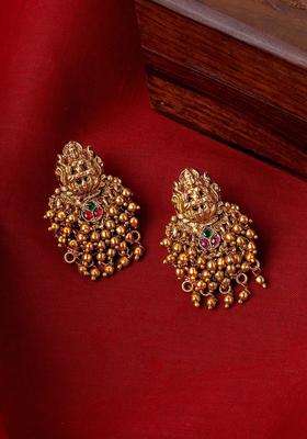 Green Gold-Plated Stone Studded Temple Contemporary Studs Earrings for Women | Traditional Temple Jewellery for Wedding & Festive Wear | Gift for Her