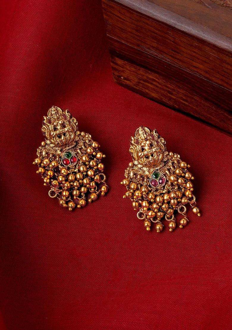 Green Gold-Plated Stone Studded Temple Contemporary Studs Earrings for Women | Traditional Temple Jewellery for Wedding & Festive Wear | Gift for Her - Indya
