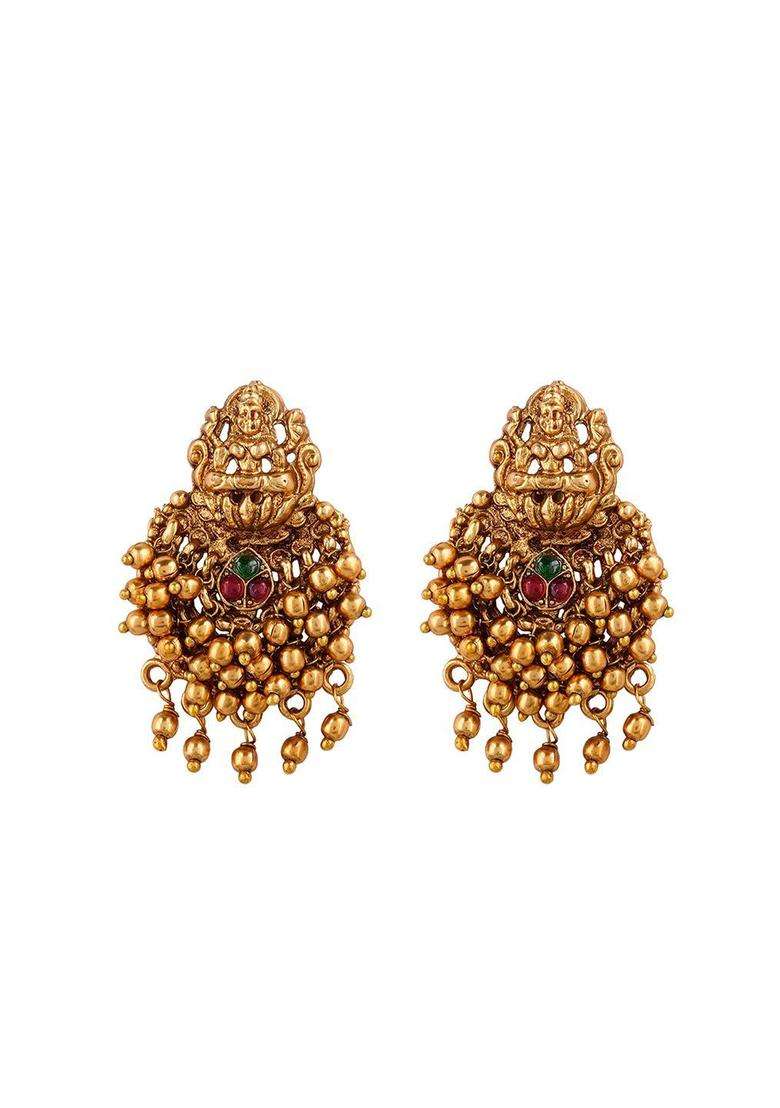 Green Gold-Plated Stone Studded Temple Contemporary Studs Earrings for Women | Traditional Temple Jewellery for Wedding & Festive Wear | Gift for Her - Indya
