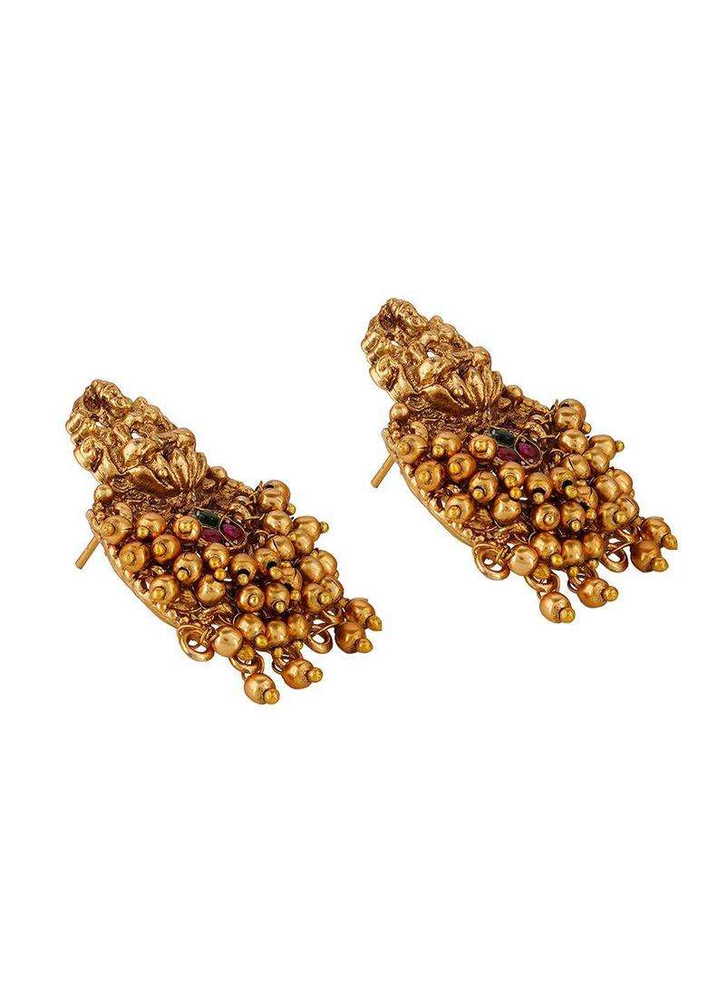 Green Gold-Plated Stone Studded Temple Contemporary Studs Earrings for Women | Traditional Temple Jewellery for Wedding & Festive Wear | Gift for Her - Indya