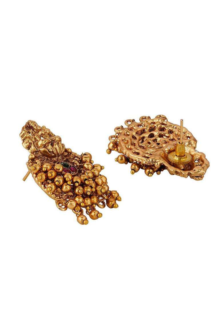 Green Gold-Plated Stone Studded Temple Contemporary Studs Earrings for Women | Traditional Temple Jewellery for Wedding & Festive Wear | Gift for Her - Indya