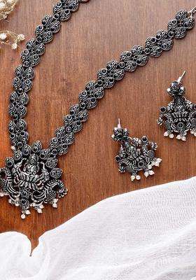 Oxidised Silver-Plated White & Black Stone-Studded & Beaded Temple Jewellery Set for Women | Traditional Temple Jewellery for Wedding & Festive Wear | Gift for Her