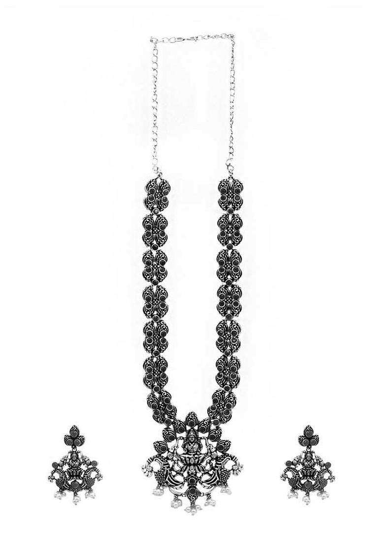 Oxidised Silver-Plated White & Black Stone-Studded & Beaded Temple Jewellery Set for Women | Traditional Temple Jewellery for Wedding & Festive Wear | Gift for Her - Indya