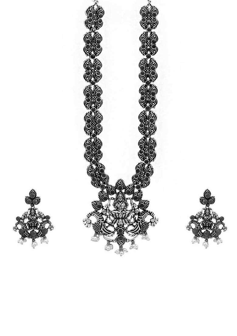 Oxidised Silver-Plated White & Black Stone-Studded & Beaded Temple Jewellery Set for Women | Traditional Temple Jewellery for Wedding & Festive Wear | Gift for Her - Indya