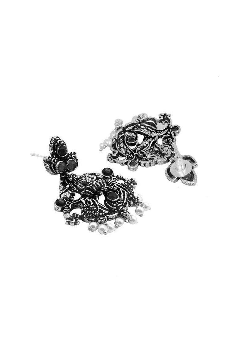 Oxidised Silver-Plated White & Black Stone-Studded & Beaded Temple Jewellery Set for Women | Traditional Temple Jewellery for Wedding & Festive Wear | Gift for Her - Indya