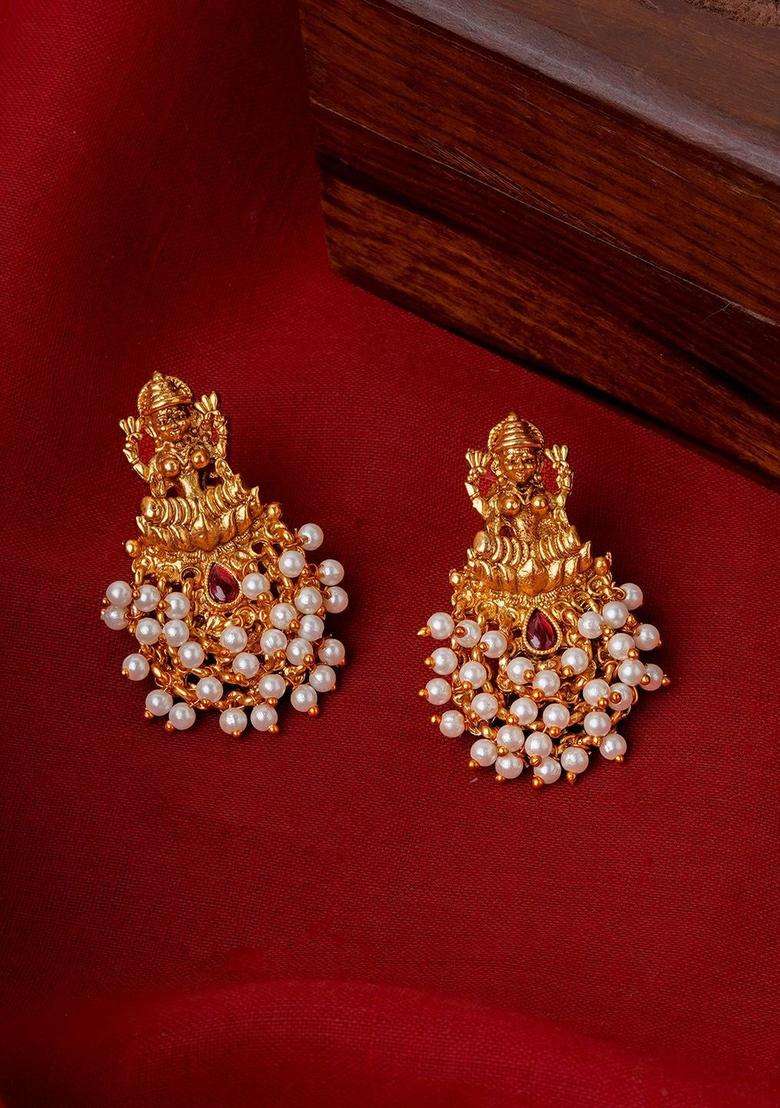 White Gold-Plated Stone Studded Temple Contemporary Studs Earrings for Women | Traditional Temple Jewellery for Wedding & Festive Wear | Gift for Her - Indya
