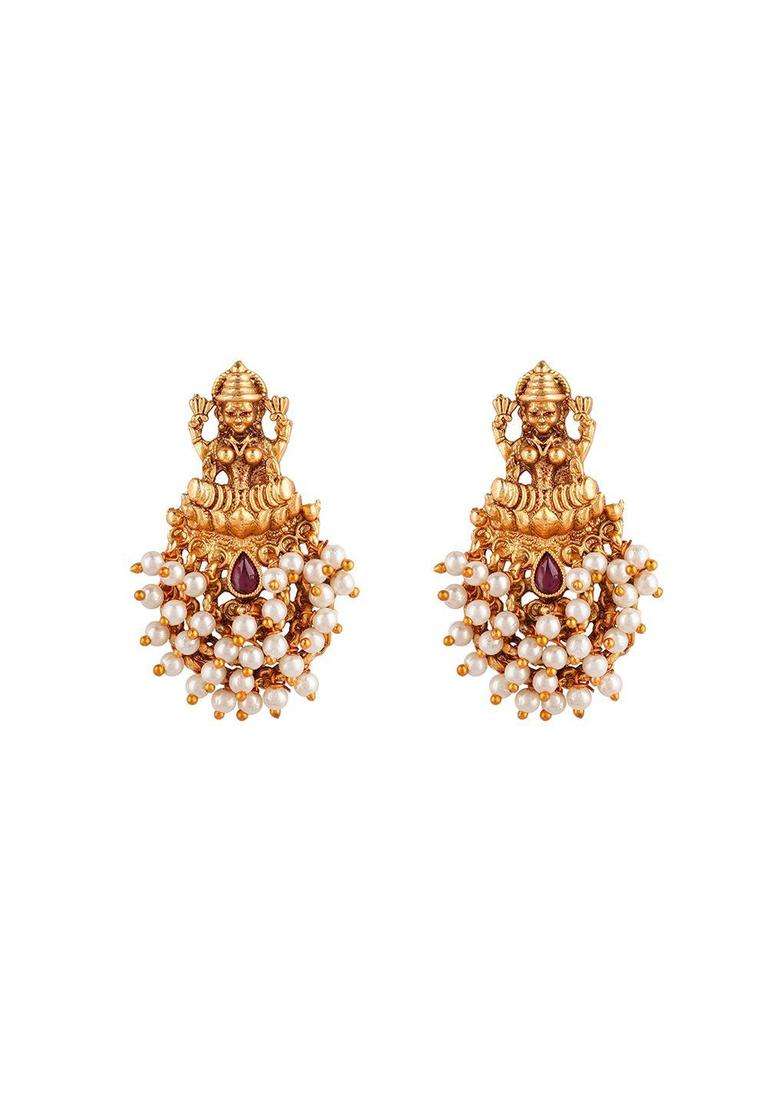 White Gold-Plated Stone Studded Temple Contemporary Studs Earrings for Women | Traditional Temple Jewellery for Wedding & Festive Wear | Gift for Her - Indya