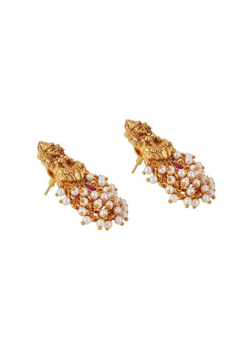 White Gold-Plated Stone Studded Temple Contemporary Studs Earrings for Women | Traditional Temple Jewellery for Wedding & Festive Wear | Gift for Her - Indya